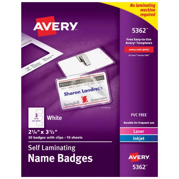 Avery&reg; Self-Laminating Name Badges with Clips, 2-1/4" x 3-1/2", White Printable Inserts, 30 Clip Style Badges (5362)