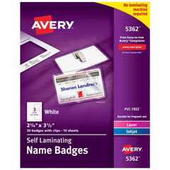 Avery&reg; Self-Laminating Name Badges with Clips, 2-1/4" x 3-1/2", White Printable Inserts, 30 Clip Style Badges (5362)