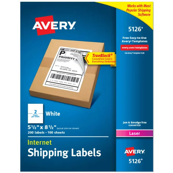 Avery&reg; Half-Sheet Shipping Labels, 5-1/2" x 8-1/2", White, 200 Blank Mailing Labels (5126)