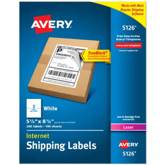 Avery&reg; Half-Sheet Shipping Labels, 5-1/2" x 8-1/2", White, 200 Blank Mailing Labels (5126)