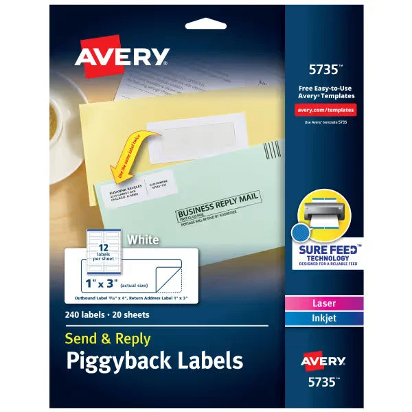 Avery&reg; Send & Reply Piggyback Mailing Labels, Sure Feed&trade; Technology, 1-5/8" x 4" Outer, 1" x 3" Inner, 240 Labels (5735)