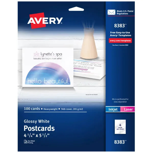 Avery&reg; Postcards, 4-1/4 x 5-1/2", Glossy White, 100 Blank Postcards for Laser and  Inkjet Printers (8383)