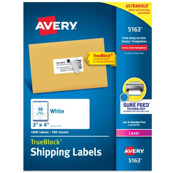 Avery&reg; TrueBlock&reg; Shipping Labels with Sure Feed&reg;, 2" x 4", White, 1,000 Blank Mailing Labels (5163)