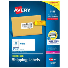 Avery&reg; TrueBlock&reg; Shipping Labels with Sure Feed&reg;, 2" x 4", White, 1,000 Blank Mailing Labels (5163)