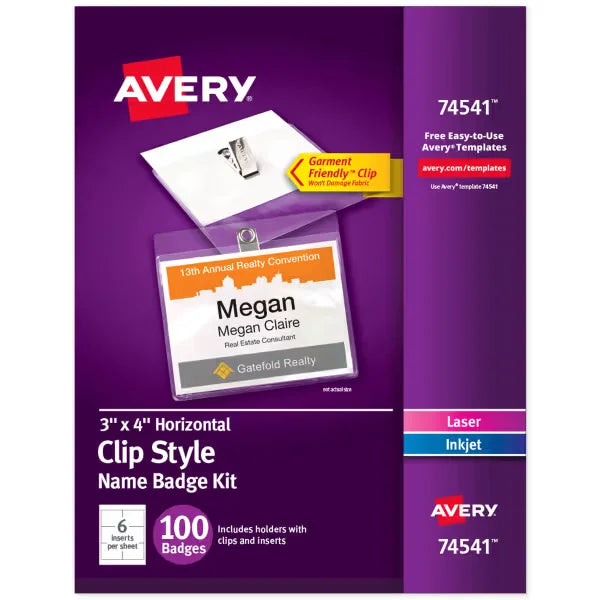 Avery&reg; Name Badges with Clips, 3" x 4", Clear Name Tag Holders with White Inserts, 100 Clip Style Name Badges (74541)