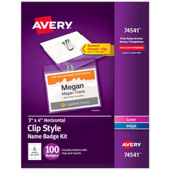 Avery&reg; Name Badges with Clips, 3" x 4", Clear Name Tag Holders with White Inserts, 100 Clip Style Name Badges (74541)