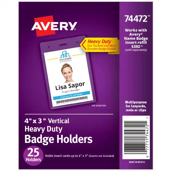 Avery&reg; Heavy Duty Badge Holders, 4" x 3", 25 Vertical ID Badge Holders (74472)