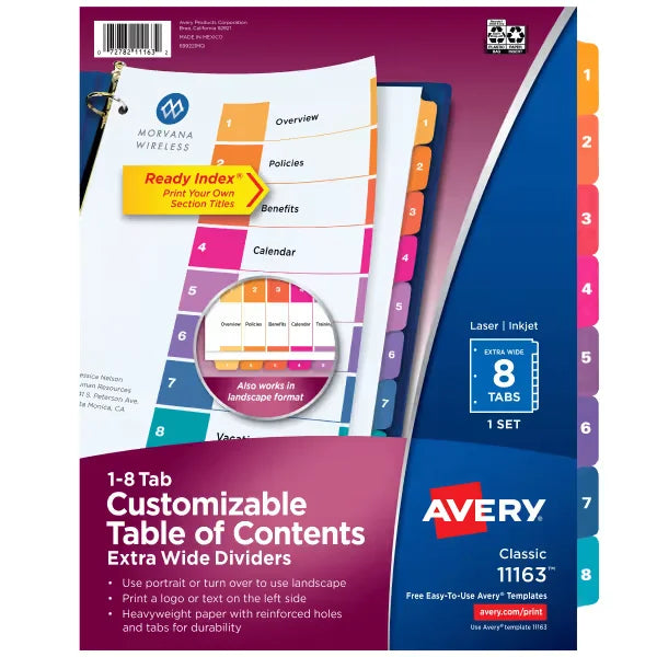 Avery&reg; Ready Index&reg; Extra-Wide Dividers, 8 Tab Sets, Multicolor Tabs, Works Great with Sheet Protectors (11163)