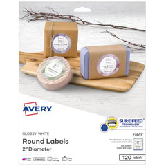 Avery&reg; Round Labels with Sure Feed&reg; Technology, Glossy White, 2" Diameter, Permanent, Laser/Inkjet, 120 Total (22807)