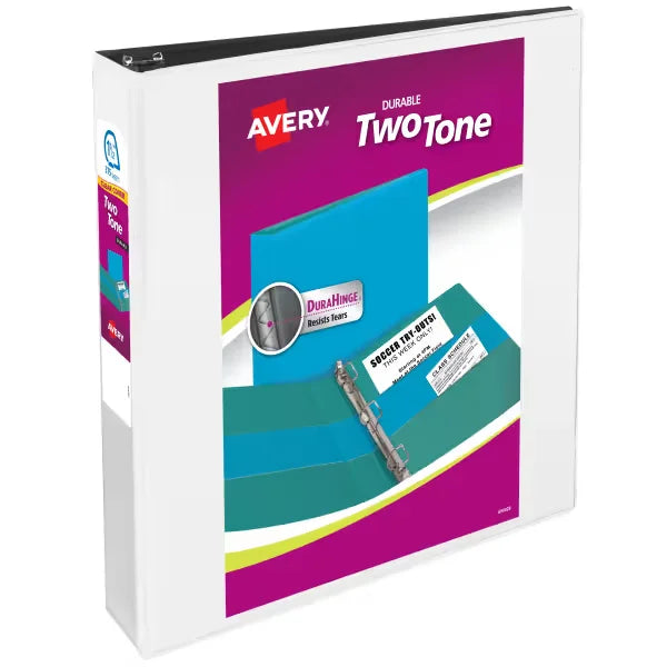 Avery&reg; Two-Tone Durable View 3 Ring Binder, 1.5 Inch Slant Rings, White/Black Binder (17287)