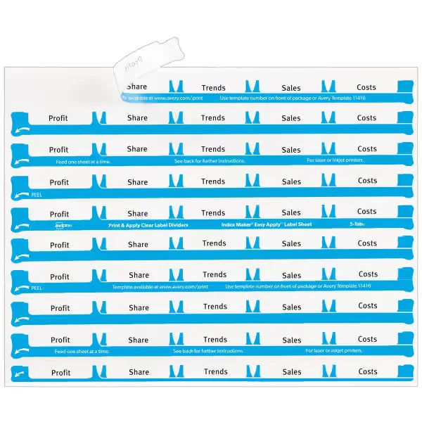 Avery&reg; Print & Apply Clear Label Sheet Refills, Index Maker&reg; Easy Apply&trade; Labels, 5-Tab, 3 Sheets (11225)