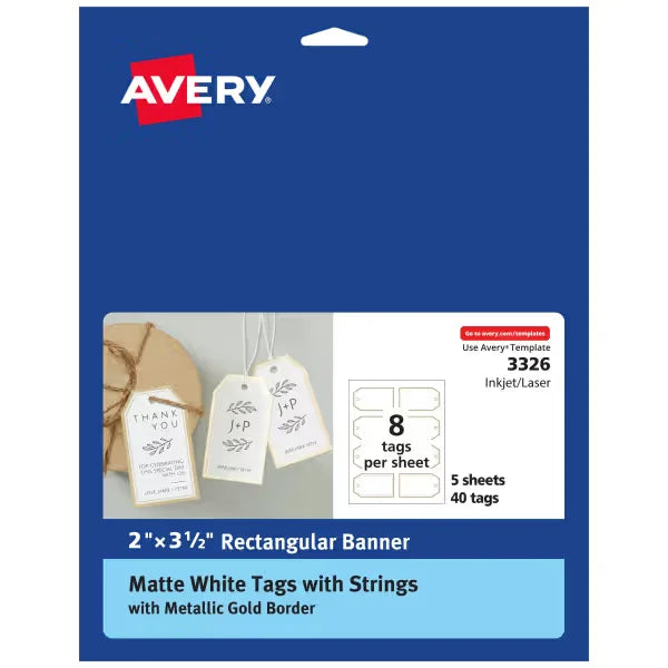 Avery&reg; Tags with Metallic Gold Borders and Strings, 2" x 3-1/2", 40 Total, Laser/Inkjet Printable Tags (3326)