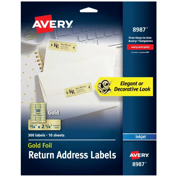 Avery&reg; Foil Mailing Labels, Gold, 3/4" x 2-1/4", 300 Labels (8987)