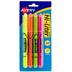 Avery(R) Hi-Liter(R) Pen-Style Highlighters, SmearSafe(R), Chisel Tip, 4 Assorted Color Highlighters (23545)