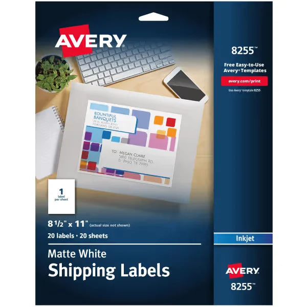 Avery&reg; Shipping Labels, 8-1/2" x 11", Matte White, Inkjet Printer Compatible, 20 Labels (8255)
