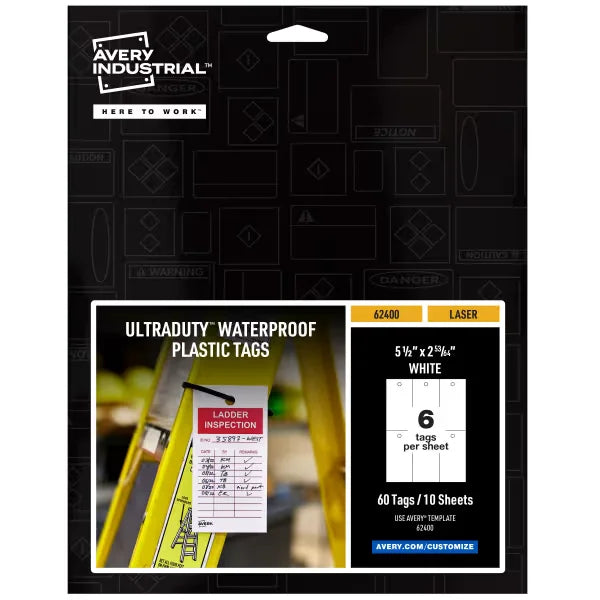 Avery&reg; UltraDuty&trade; Printable Plastic Hang Tags, 5-1/2" x 2-53/64", White Blank Tags, 50lb Pull-Strength, 60ct (62400)