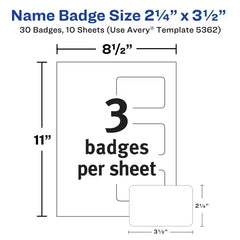Avery&reg; Self-Laminating Name Badges with Clips, 2-1/4" x 3-1/2", White Printable Inserts, 30 Clip Style Badges (5362)