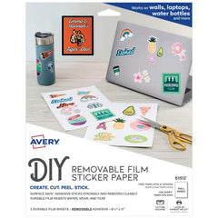 Avery DIY Removable Film Sticker Paper, 8-1/2" x 11", Surface Safe Adhesive, Laser & Pigment-Inkjet, 3 Sheets (61512)
