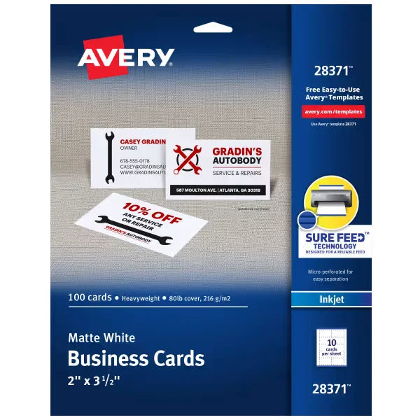 Avery&reg; Printable Business Cards with Sure Feed&trade;, 2" x 3.5", White, 100 Blank Cards for Inkjet Printers (28371)