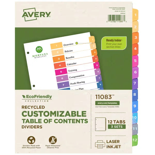 Avery&reg; EcoFriendly Recycled Dividers, 12-Tab, Multicolor, Ready Index&reg; Customizable Table of Contents, 3 Sets (11083)