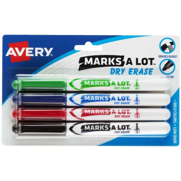 Avery(R) Marks A Lot(R) Pen-Style Dry Erase Markers, Bullet Tip, Assorted Colors, 4 Markers (24459)