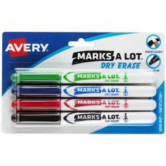 Avery(R) Marks A Lot(R) Pen-Style Dry Erase Markers, Bullet Tip, Assorted Colors, 4 Markers (24459)