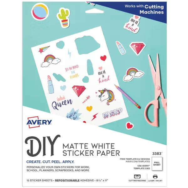 Avery Sticker Paper, 8-1/2" x 11", Matte White, Repositionable, Laser & Inkjet Compatible, 15 Full-Size Sheets (3383)