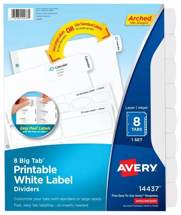 Avery&reg; Big Tab&trade; Printable  Label Dividers, Easy Peel&reg;, 8-Tab Set (14437)