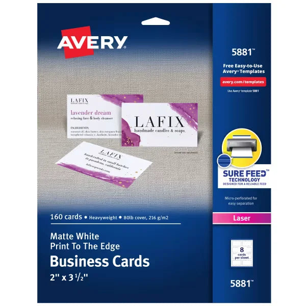 Avery&reg; Printable Business Cards with Sure Feed&trade;, 2" x 3.5", White, 160 Blank Cards for Laser Printers (5881)