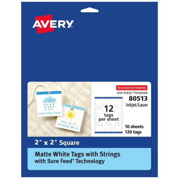 Avery&reg; Square Tags with Sure Feed&reg; Technology, 2" x 2", Matte White, 120 Square Tags with Strings, Print-to-the-Edge, Laser/Inkjet Printable Tags (80513)