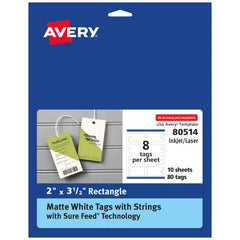 Avery&reg; Rectangle Tags with Sure Feed&reg; Technology, 2" x 3-1/2", Matte White, 80 Tags with Strings, Print-to-the-Edge, Laser/Inkjet Printable Tags (80514)