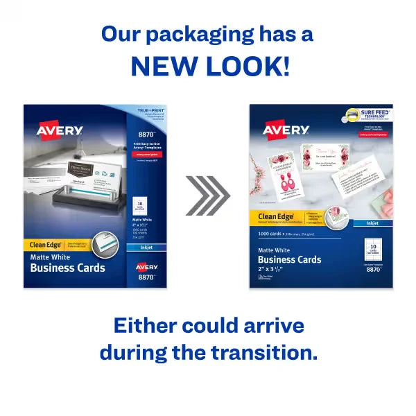 Avery&reg; Clean Edge&reg; Business Cards with Sure Feed Technology, 2" x 3-1/2", White, 1,000 Blank Cards (08870)