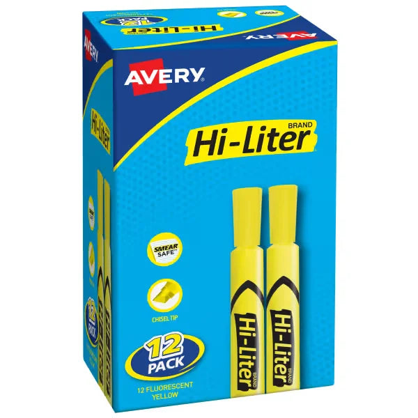 Avery(R) Hi-Liter(R) Desk-Style Highlighters, SmearSafe(R), Chisel Tip, 12 Yellow Highlighters (98035)