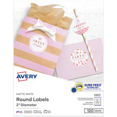 Avery&reg; Round Labels, 2" Diameter, Sure Feed&trade; Technology, Print-to-the-Edge, Easy Peel&reg;, Laser/Inkjet, Permanent, 120 Blank Circle Labels Total (22612)