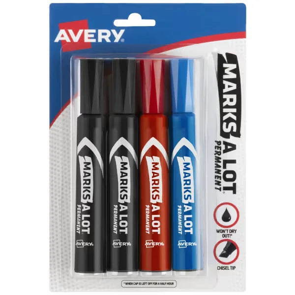 Avery&reg; Marks A Lot&reg; Permanent Markers, Regular Desk-Style Size, Chisel Tip, 4 Assorted Markers (07905)