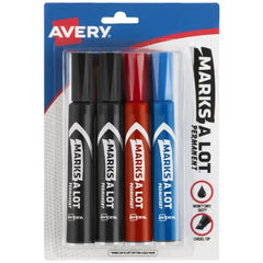 Avery&reg; Marks A Lot&reg; Permanent Markers, Regular Desk-Style Size, Chisel Tip, 4 Assorted Markers (07905)
