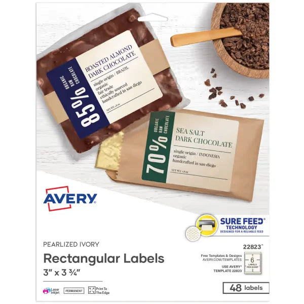 Avery&reg; Rectangle Labels with Sure Feed&reg; Technology, 3" x 3-3/4", Pearlized Ivory, Laser & Inkjet Printer Compatible, 48 Labels Total (22823)