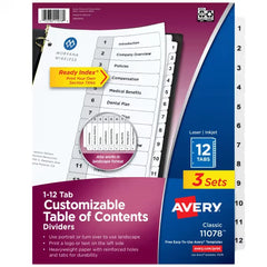 Avery&reg; Ready Index&reg; Dividers for 3 Ring Binders, 12 Tab Sets, Customizable Table of Contents, White Tabs, 3 Sets (11078)
