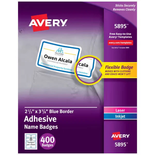 Avery&reg; Flexible Adhesive Name Badges, 2-1/3" x 3-3/8", Blue Border, 400 Removable Name Badges (05895)