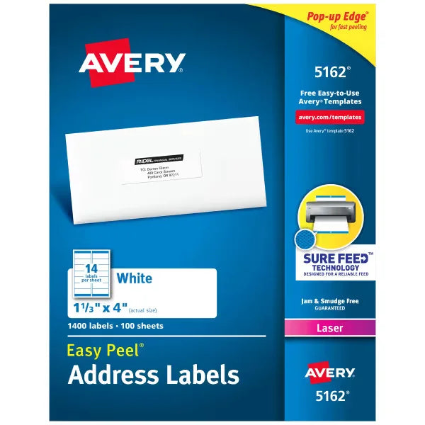 Avery&reg; Easy Peel Printable Address Labels with Sure Feed&reg;, 1-1/3" x 4", White, 1,400 Blank Mailing Labels for Laser Printers (5162)