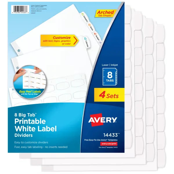Avery&reg; Big Tab&trade; Printable White Label Dividers, Easy Peel Labels&reg;, 8 Tabs per Set, White (4 Sets of 14433)