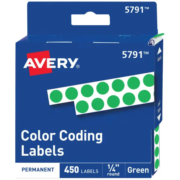 Avery&reg; Color-Coding Permanent Labels, 1/4 Inch Round Stickers, Green, Non-Printable, 450 Dot Stickers Total (5791)