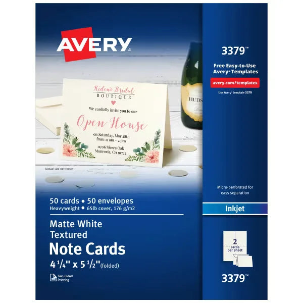 Avery&reg; Note Cards with Envelopes, 4-1/4" x 5-1/2", Textured White, Inkjet Printer Compatible, 50 Total (3379)
