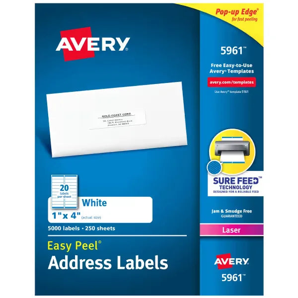 Avery&reg; Easy Peel&reg; Address Labels, Sure Feed&trade; Technology, Permanent Adhesive, 1" x 4", 5,000 Labels (5961)