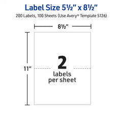 Avery&reg; Half-Sheet Shipping Labels, 5-1/2" x 8-1/2", White, 200 Blank Mailing Labels (5126)