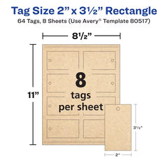 Avery&reg;  Kraft Brown Rectangle Tags with Sure Feed&reg;  Technology, 2" x 3.5", Laser/Inkjet, 64 Tags with Strings (80517)