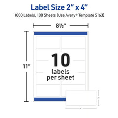 Avery&reg; TrueBlock&reg; Shipping Labels with Sure Feed&reg;, 2" x 4", White, 1,000 Blank Mailing Labels (5163)