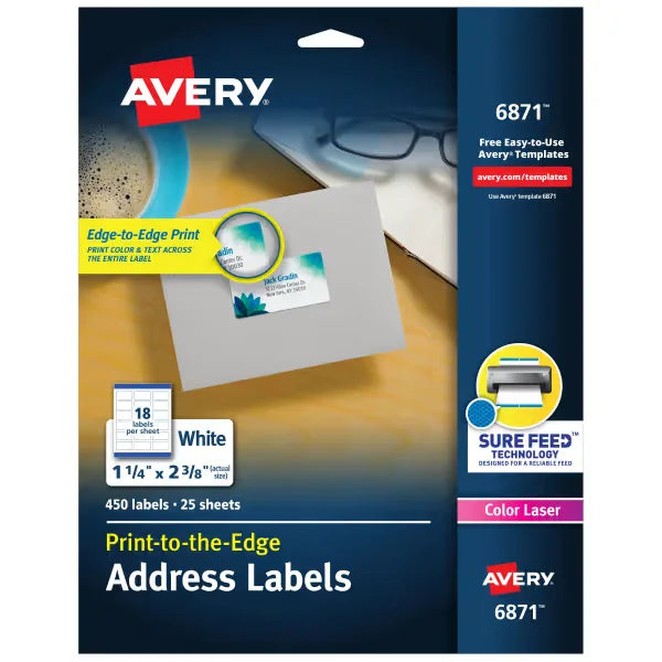 Avery&reg; Print-to-the-Edge Address Labels with Sure Feed&reg;, 1-1/4" x 2-3/8", Matte White, 450 Labels (6871)