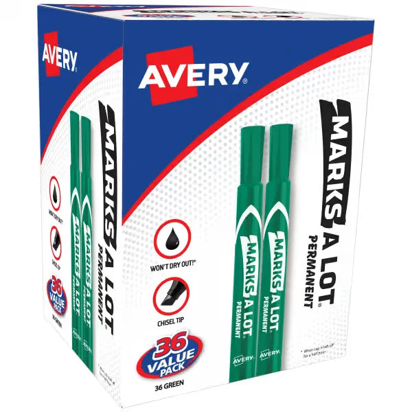 Avery&reg; Marks A Lot&reg; Permanent Markers, Large Desk-Style Size, Chisel Tip, 36 Green Markers Total (98241)