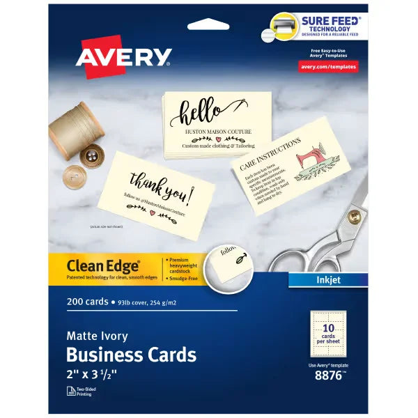 Avery&reg; Clean Edge&reg; Business Cards with Sure Feed Technology, 2" x 3-1/2", Ivory, 200 Blank Cards (08876)